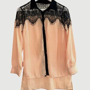 Light Pink Button-Up Blouse, Black Lace Shoulders, Small, Feminine & Soft